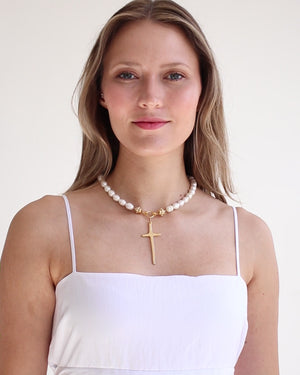 Tall Cross Pearl Necklace
