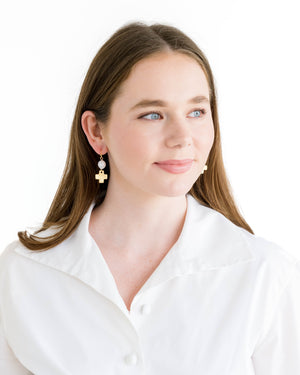 Coin Pearl + Gold Cross Drop Earrings