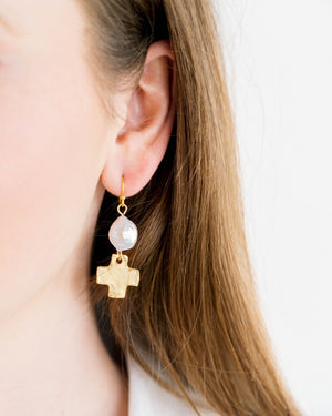Coin Pearl + Gold Cross Drop Earrings
