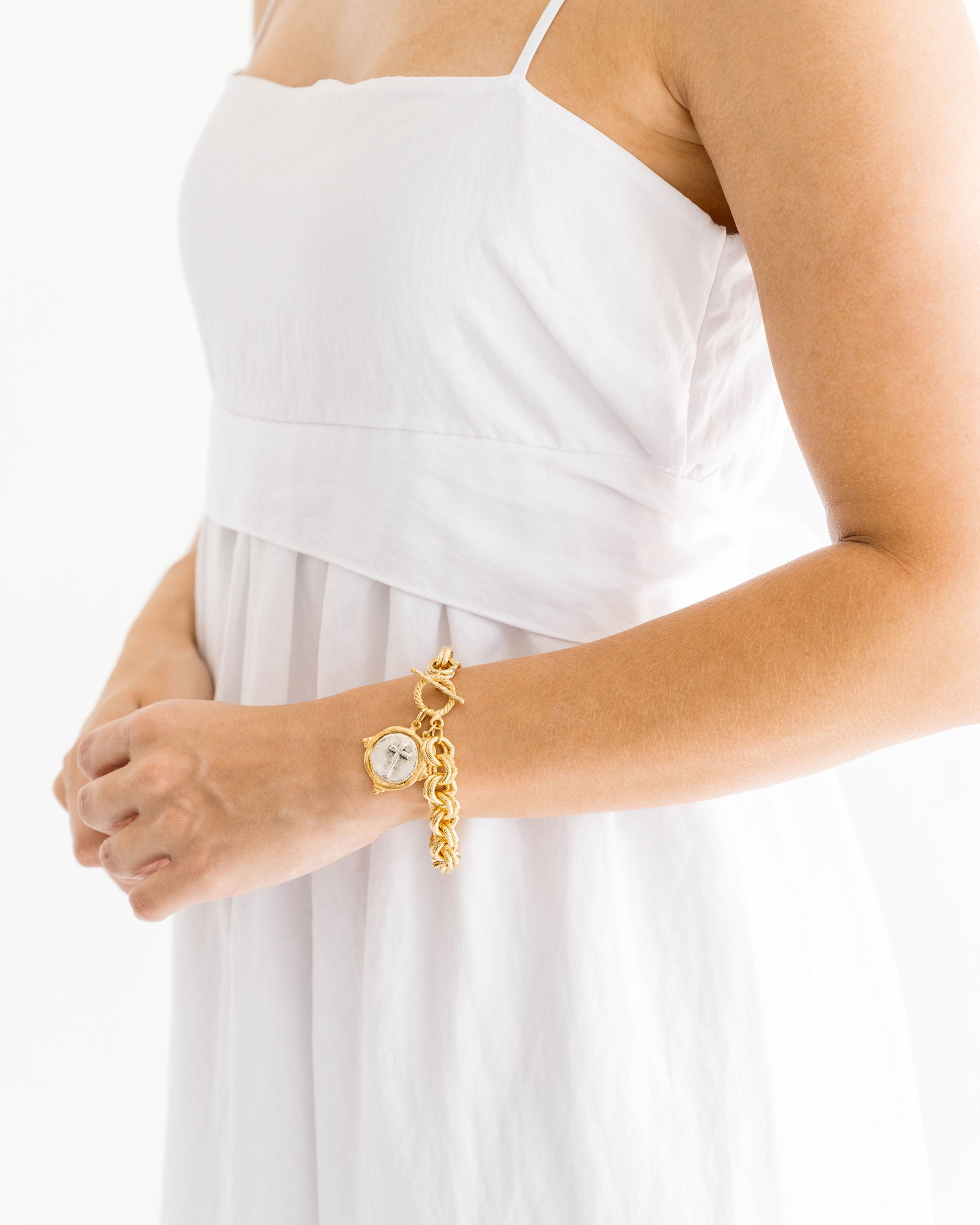 Mixed Metal Cross Toggle Bracelet