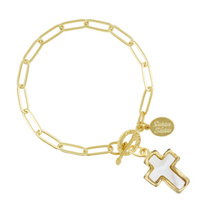 Small Mother of Pearl Cross Paperclip Bracelet