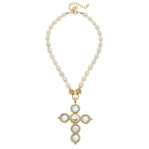 Mixed Metal Coin Cross Pearl Necklace
