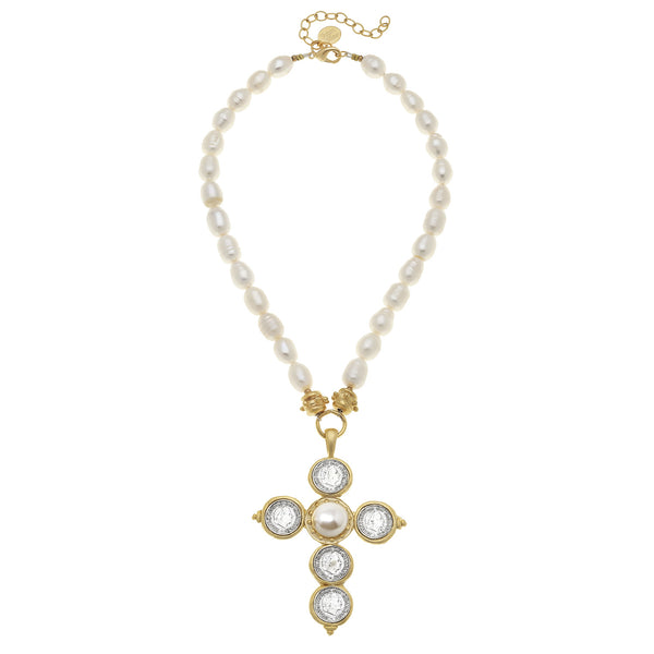 Susan Shaw Pearl Necklace w/ Mixed Metal Franc Cross