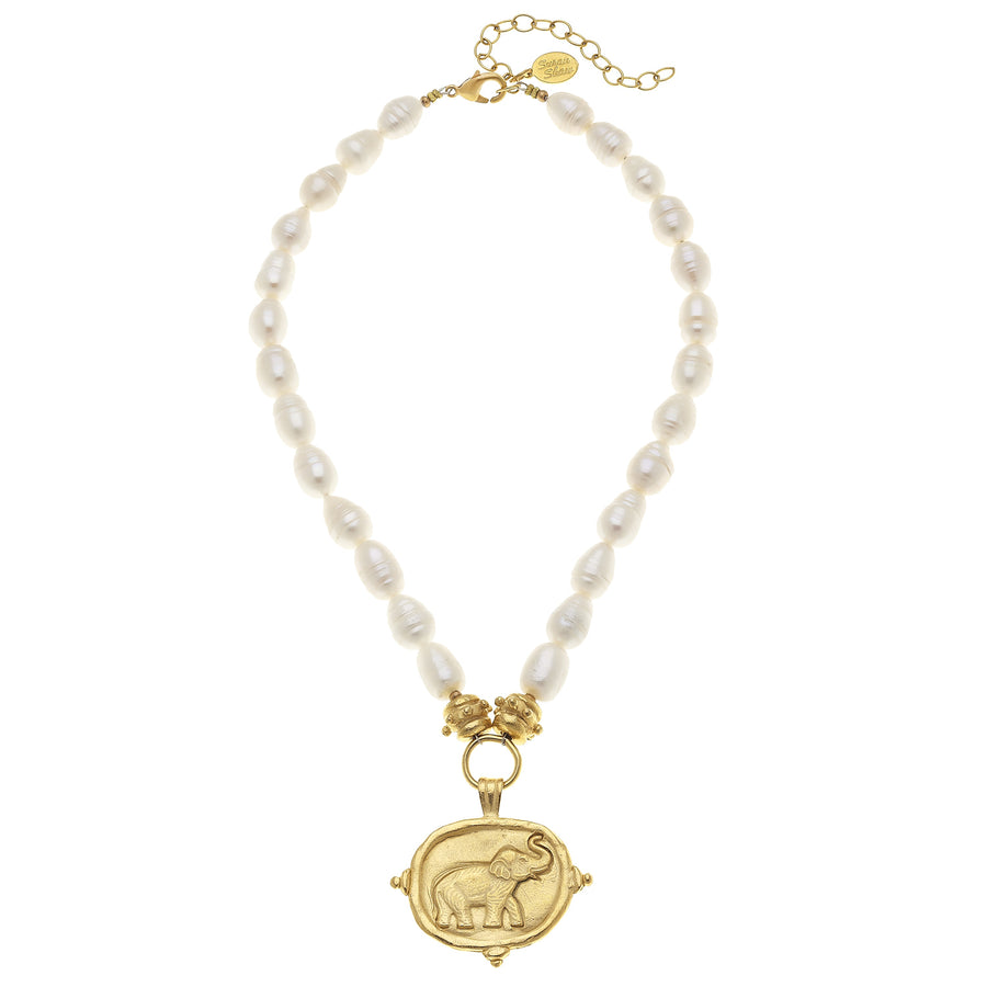 Gold Elephant Intaglio Pearl Necklace