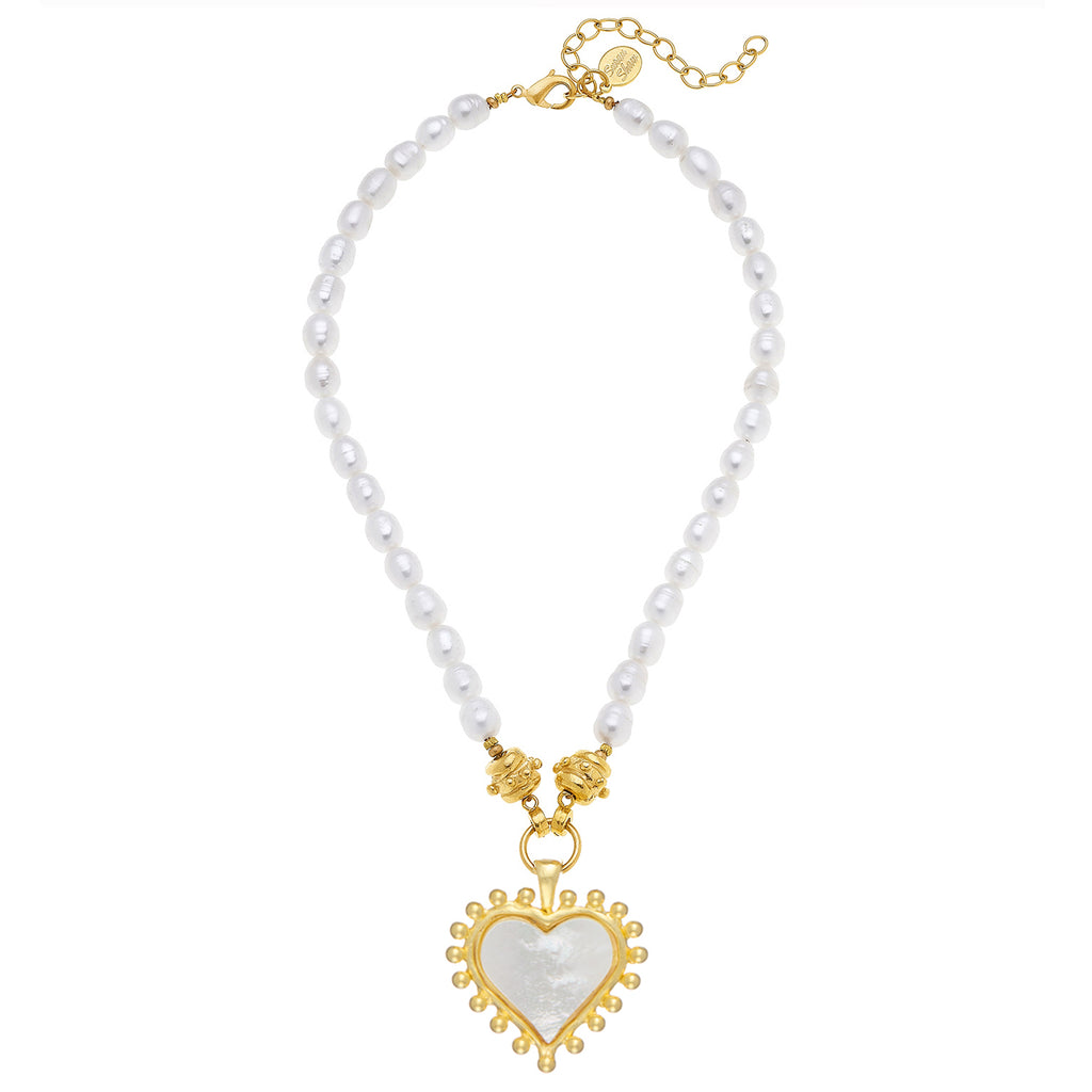 Pearl and golden metal heart necklace