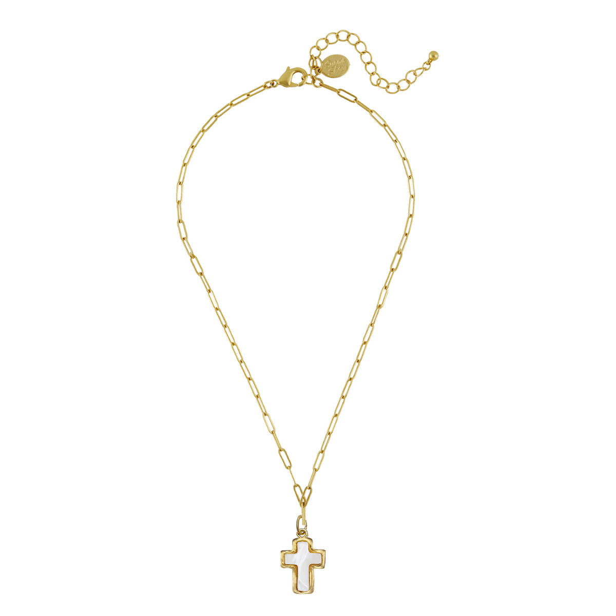 Small Mother of Pearl Cross Paperclip Necklace