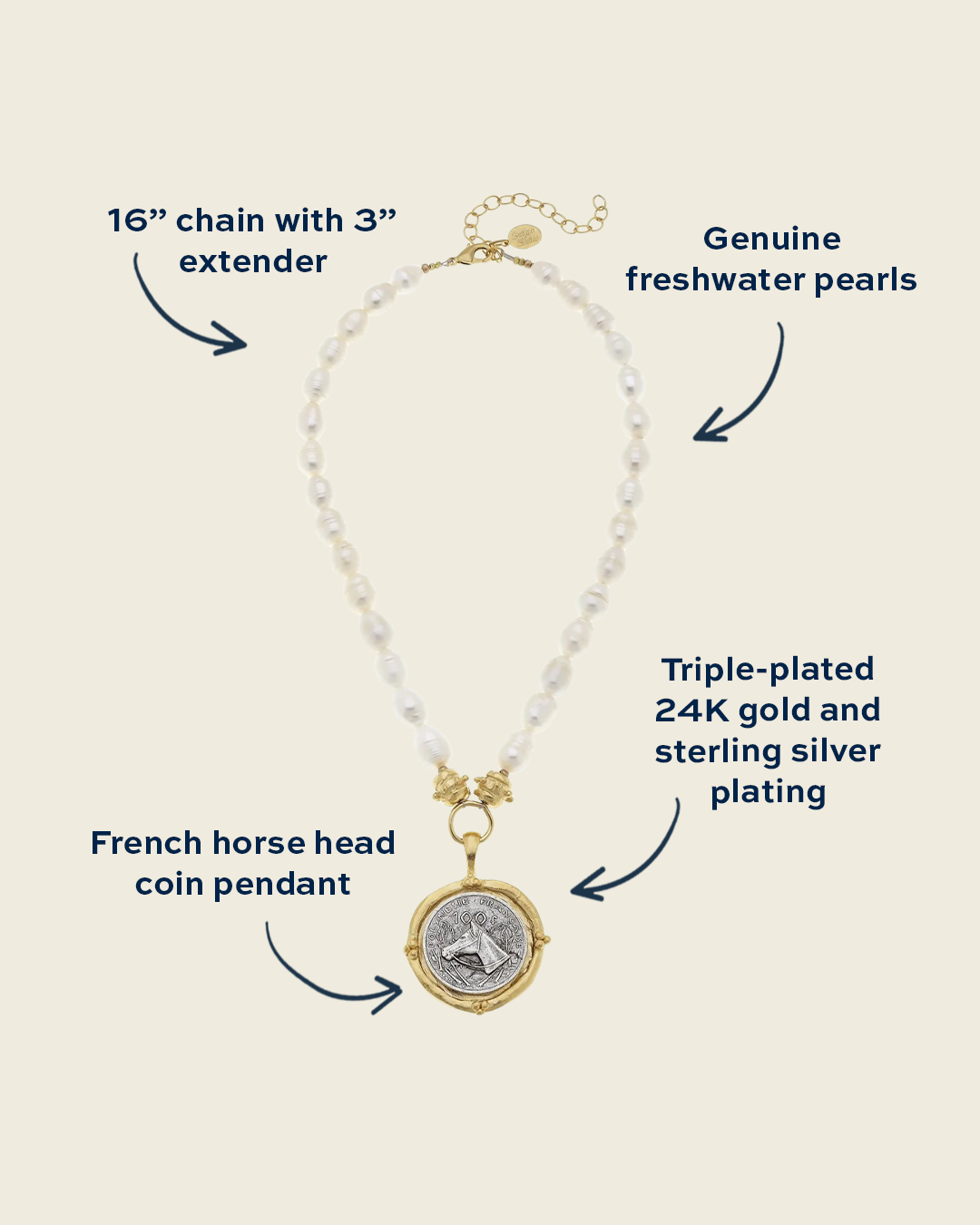 Horse Head Coin Pendant Pearl Necklace