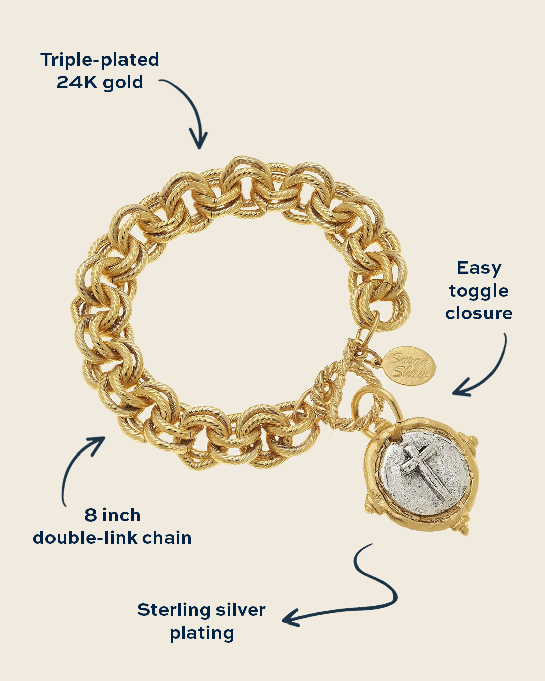 Mixed Metal Cross Toggle Bracelet