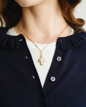 Small Mother of Pearl Cross Paperclip Necklace