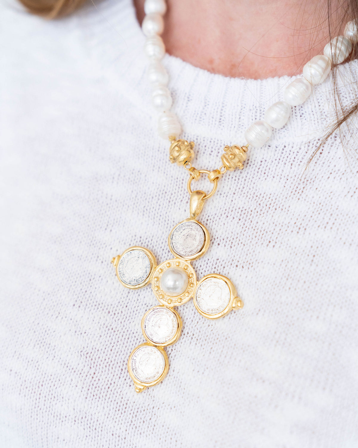 Mixed Metal Coin Cross Pearl Necklace