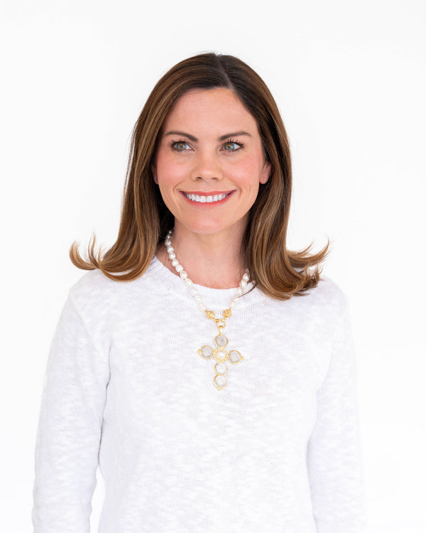 Mixed Metal Coin Cross Pearl Necklace