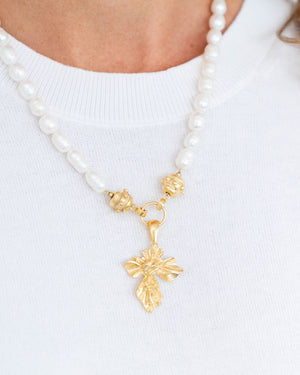 Vintage Gold Cross Pearl Necklace