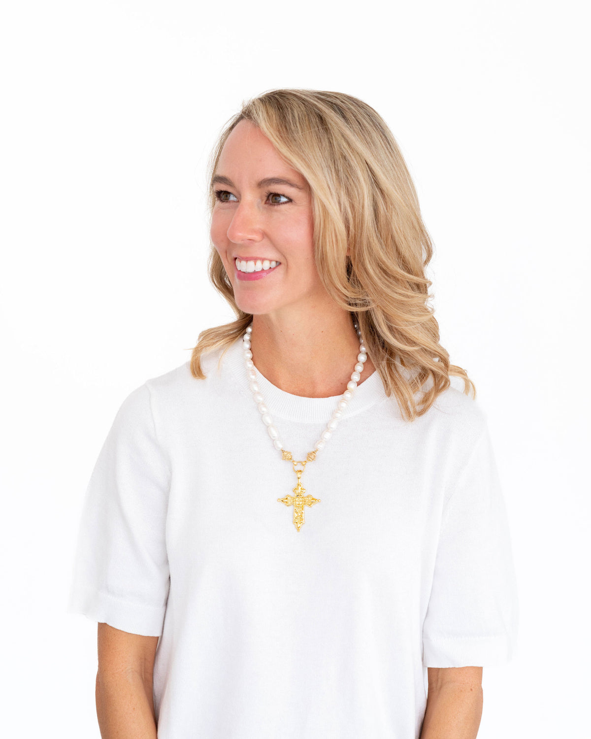 Fleur Cross Pearl Necklace