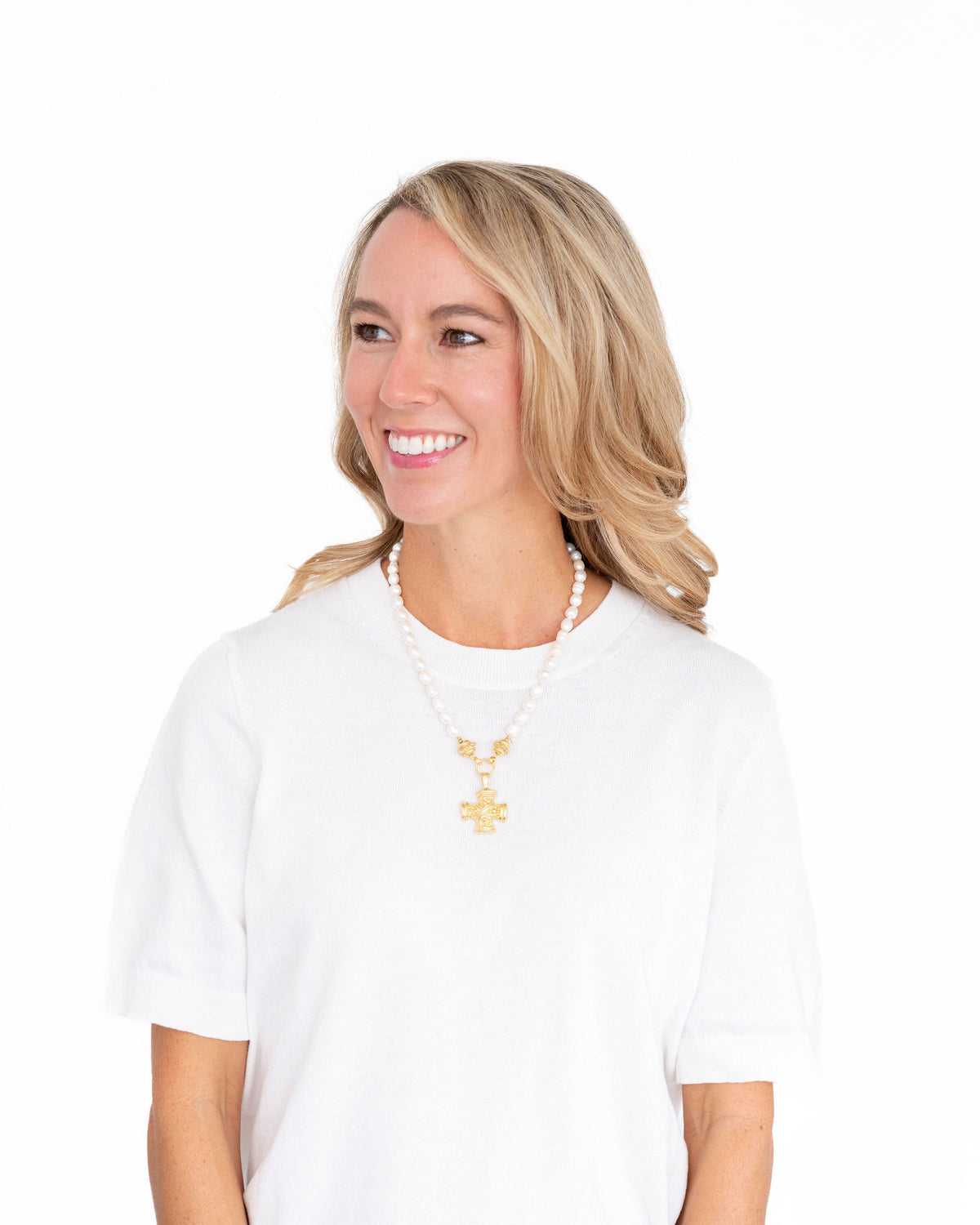 Squared French Cross Pearl Necklace