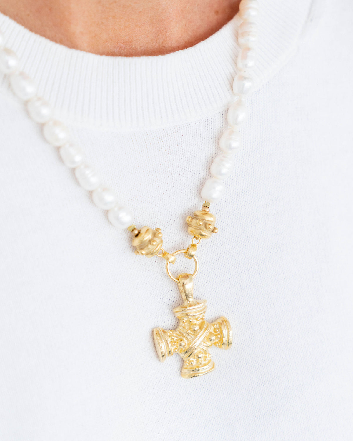 Squared French Cross Pearl Necklace