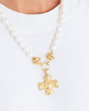 Squared French Cross Pearl Necklace