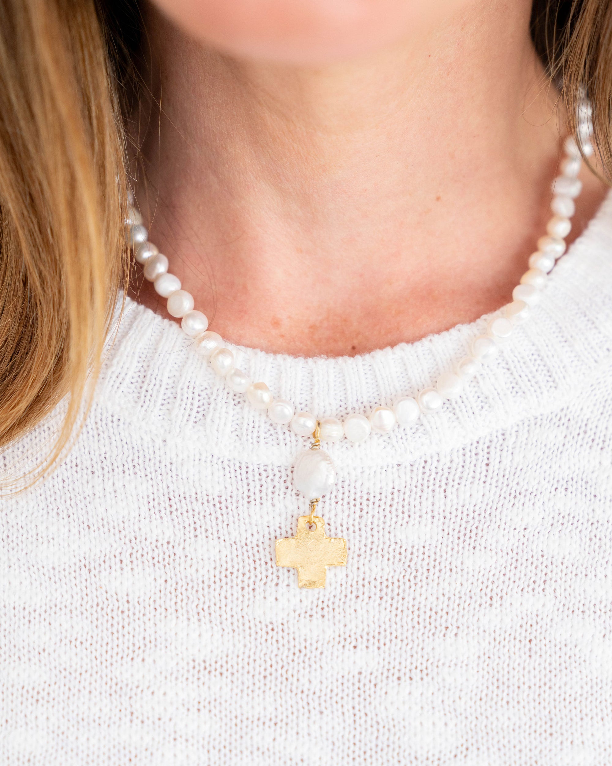 Coin Pearl Gold Cross Drop Necklace