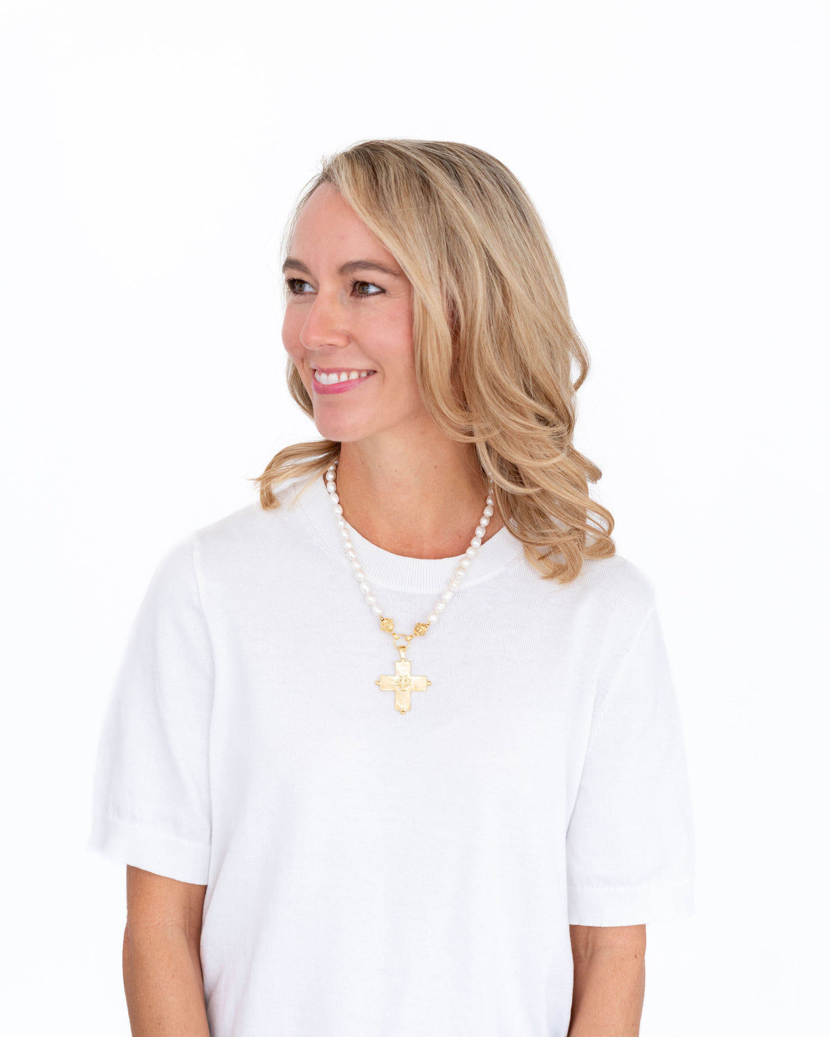 Jerusalem Double Cross Pearl Necklace