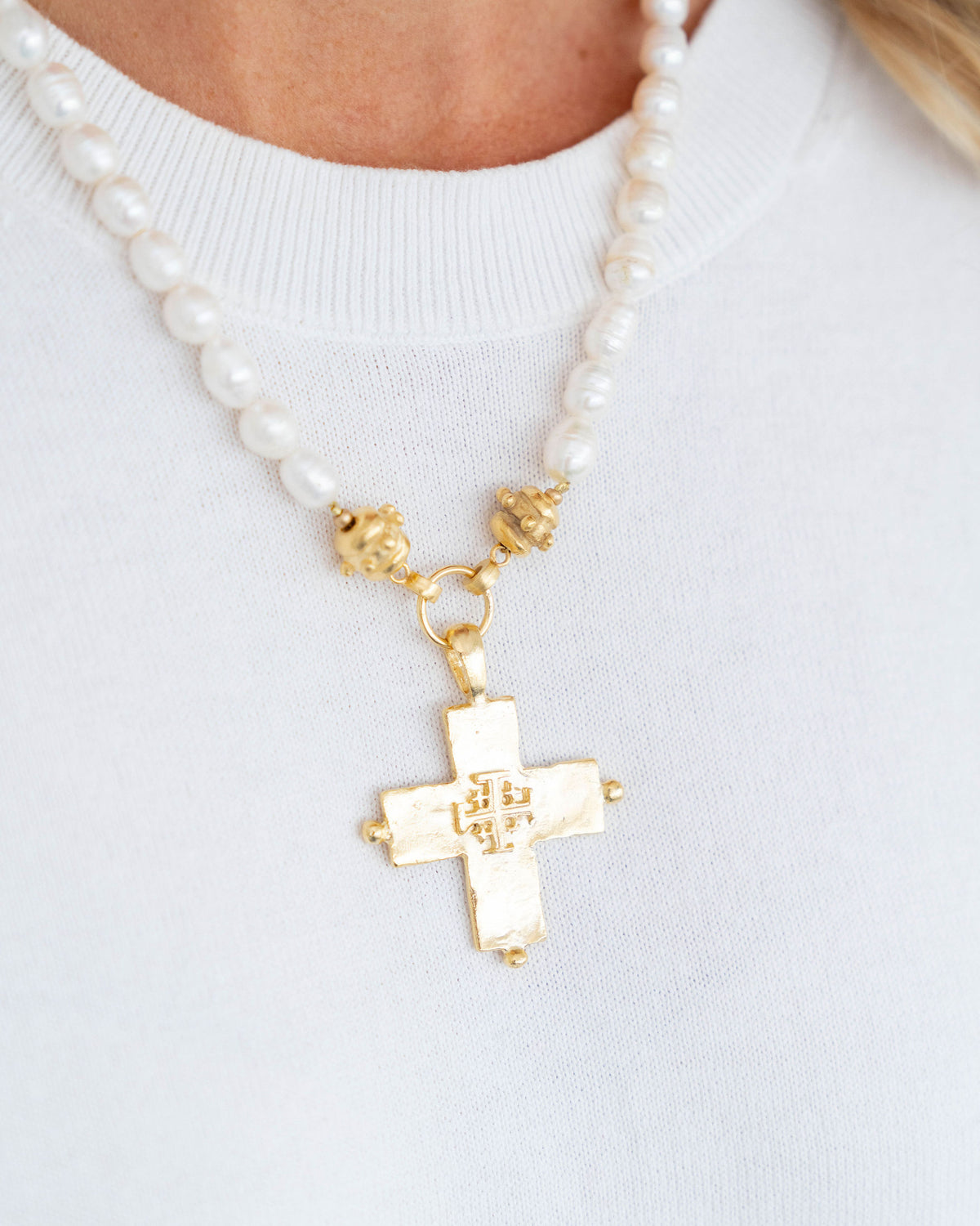 Jerusalem Double Cross Pearl Necklace