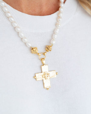 Jerusalem Double Cross Pearl Necklace