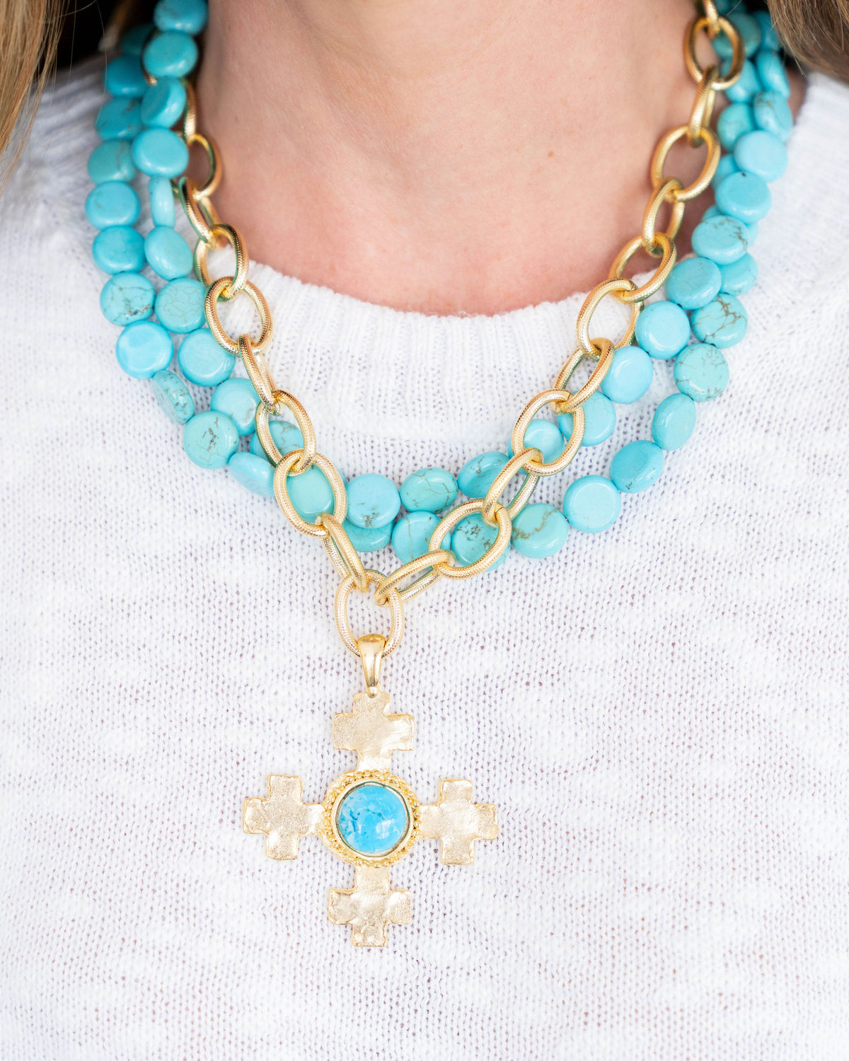 Quad Cross on Multi-Strand Turquoise Necklace