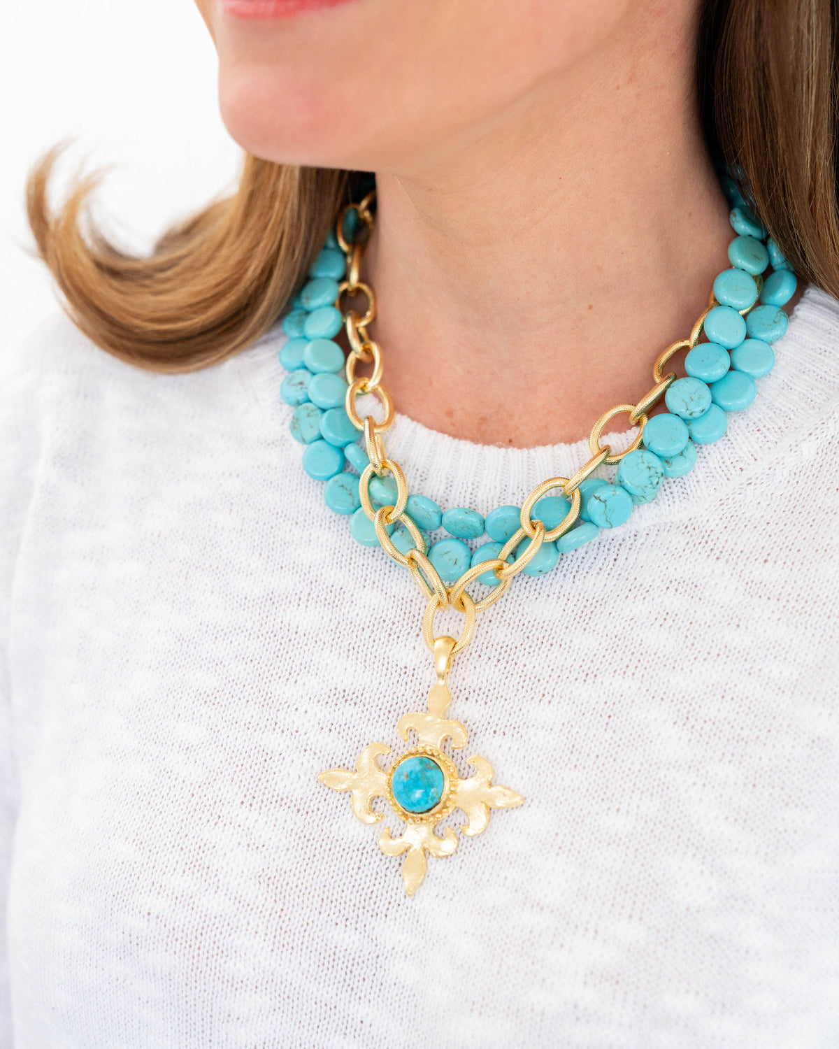 Fleur Cross Multi-Strand Turquoise Necklace