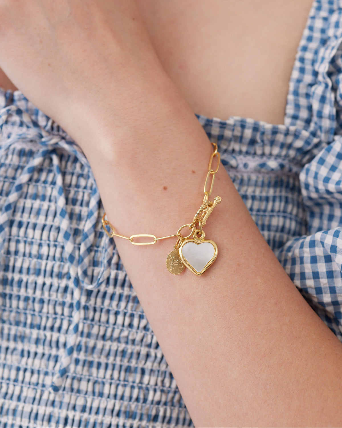 Small Mother of Pearl Heart Paperclip Bracelet