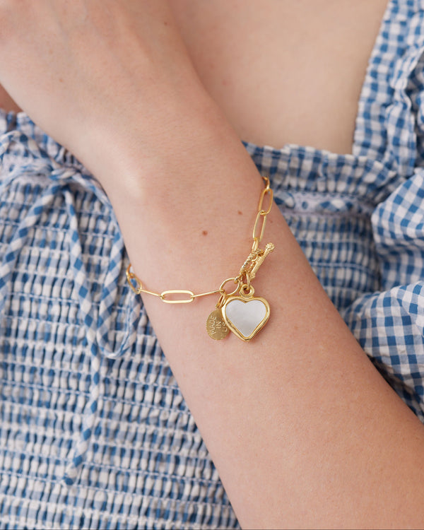 Small Mother of Pearl Heart Paperclip Bracelet