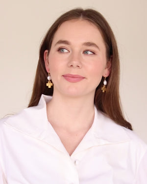 Coin Pearl + Gold Cross Drop Earrings