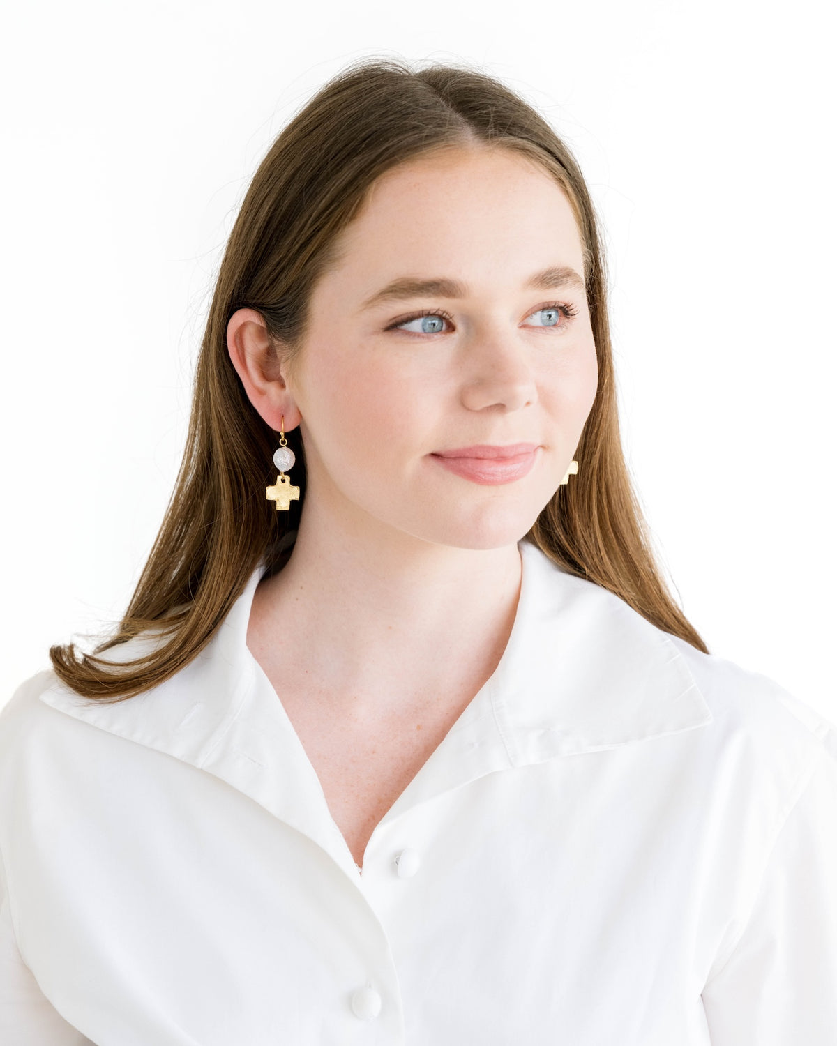 Coin Pearl + Gold Cross Drop Earrings