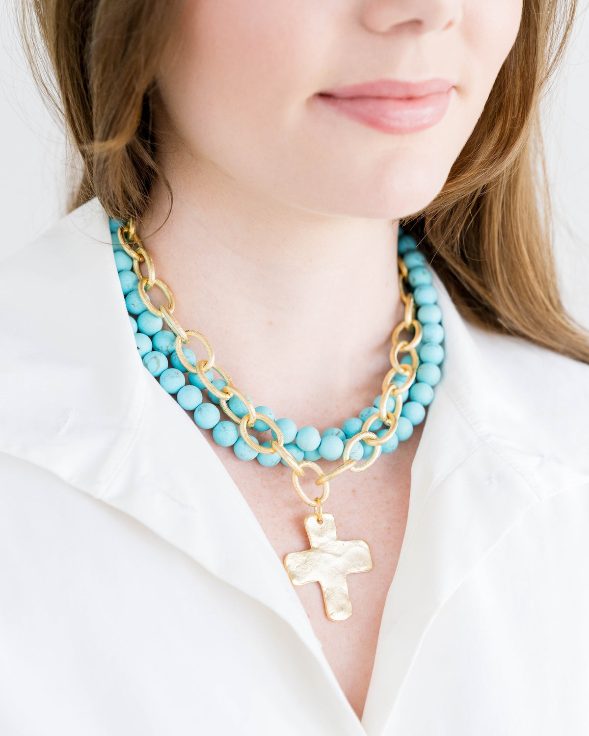 Matte Turquoise Multi-Strand Cross Necklace