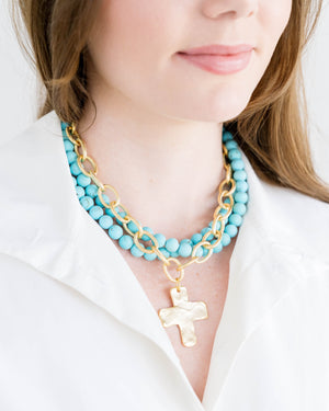 Matte Turquoise Multi-Strand Cross Necklace