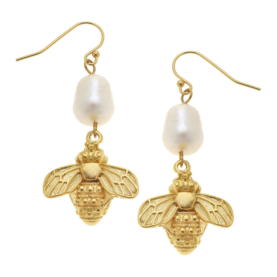 Bee + Pearl Wire Drop Earrings