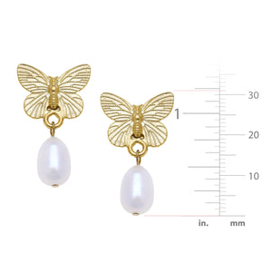 Gold Butterfly + Pearl Drop Earrings