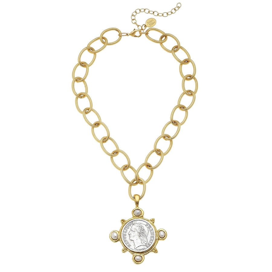 French Coin + Freshwater Pearl Necklace