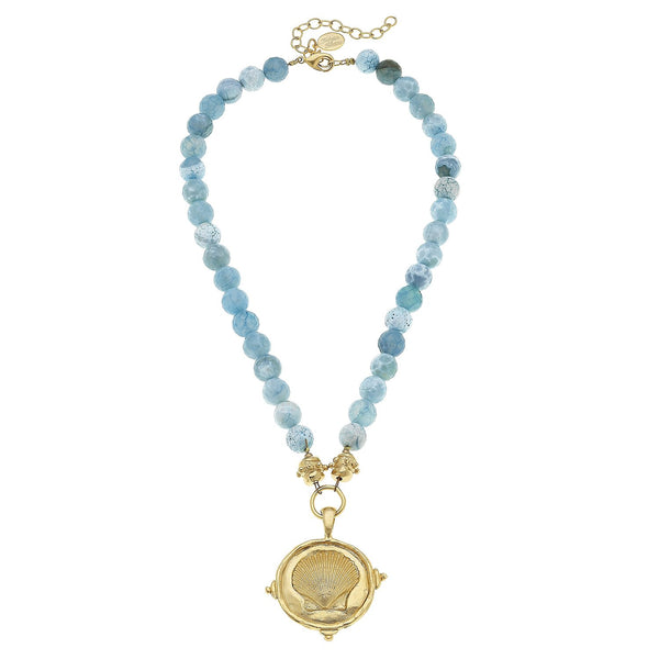 Seashell Intaglio on Aqua Fire Agate Necklace
