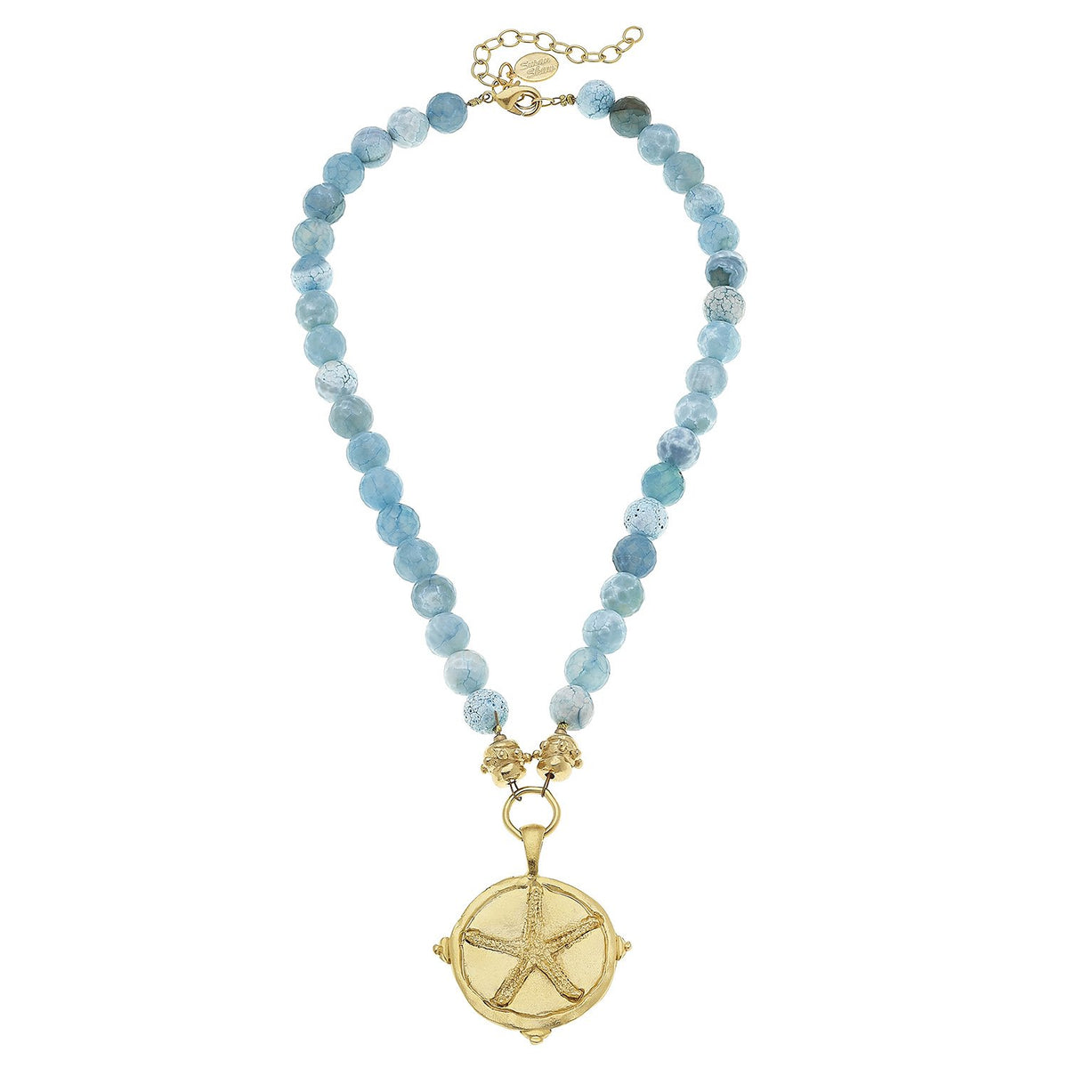 Gold Starfish on Aqua Fire Agate Necklace