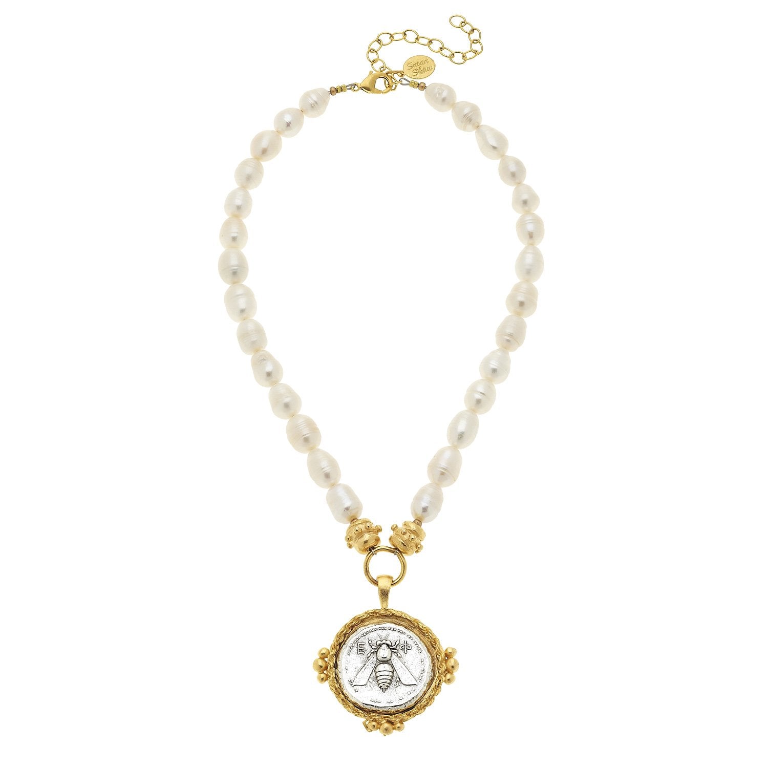 Susan Shaw Roman Bee Coin Pearl Necklace
