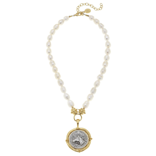 Horse Head Coin Pendant Pearl Necklace