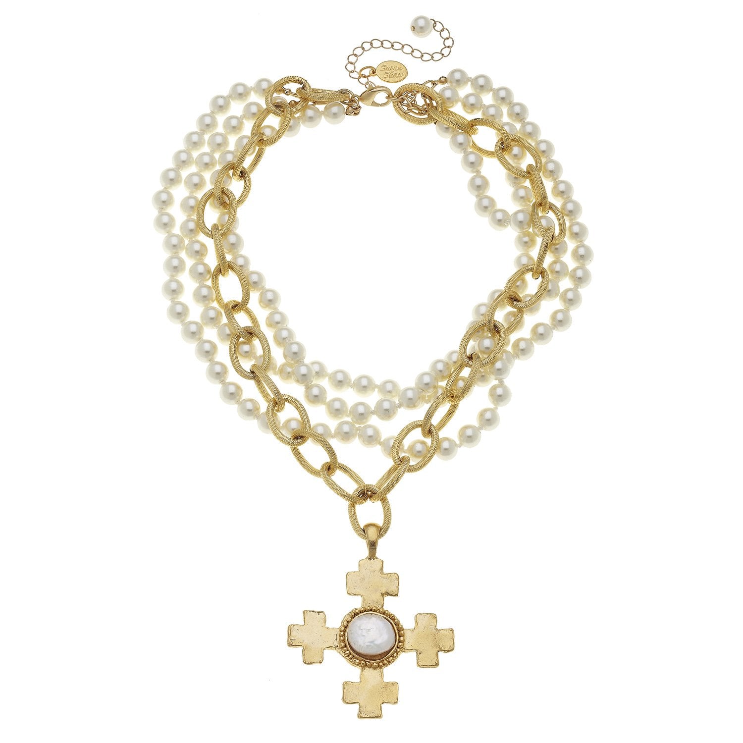 Pearl Mix Malti Chain Necklace（Gold） Maltese Cross White Mother of Pearl Golden Chain Pendant