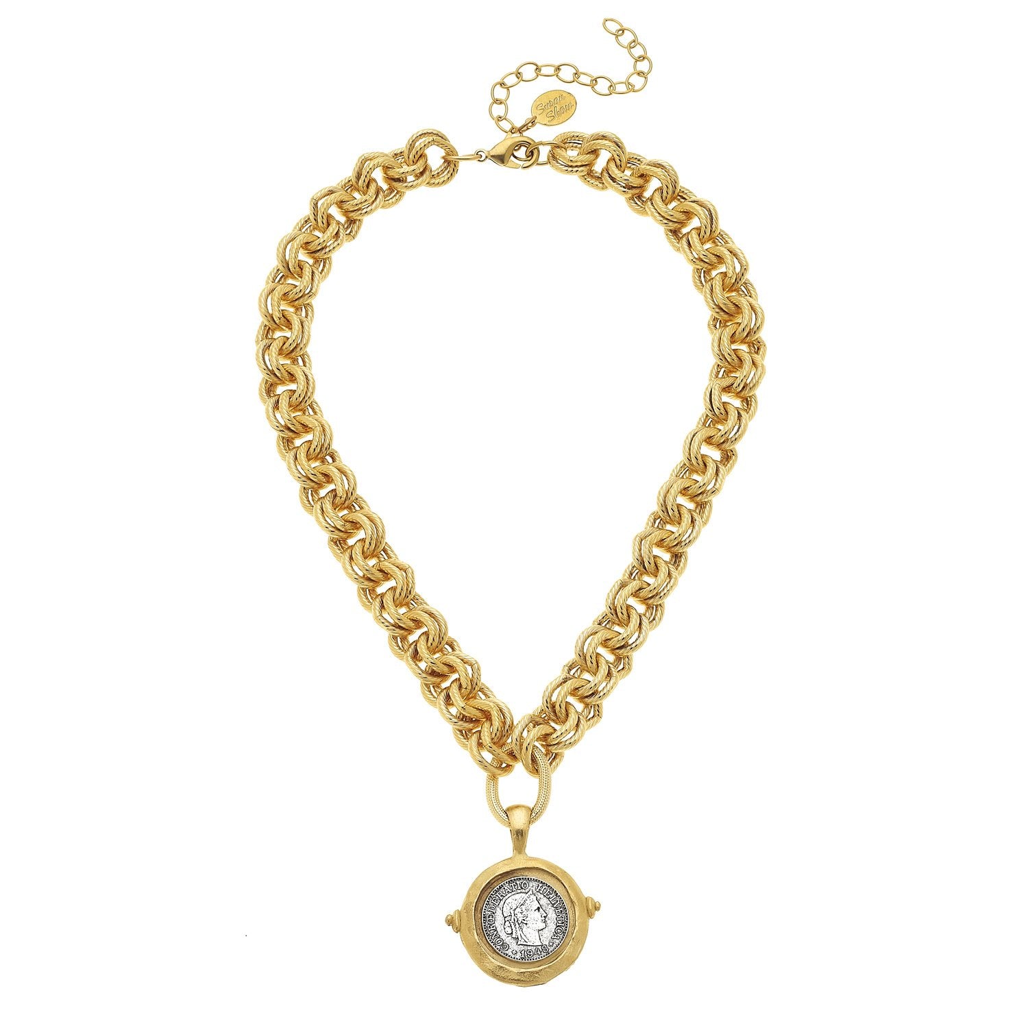 ★人気★ 【SHOVEOFF】 Silver Coin Chain Necklace Antique Silver Pendant Coin Long Chain Necklace, Silver