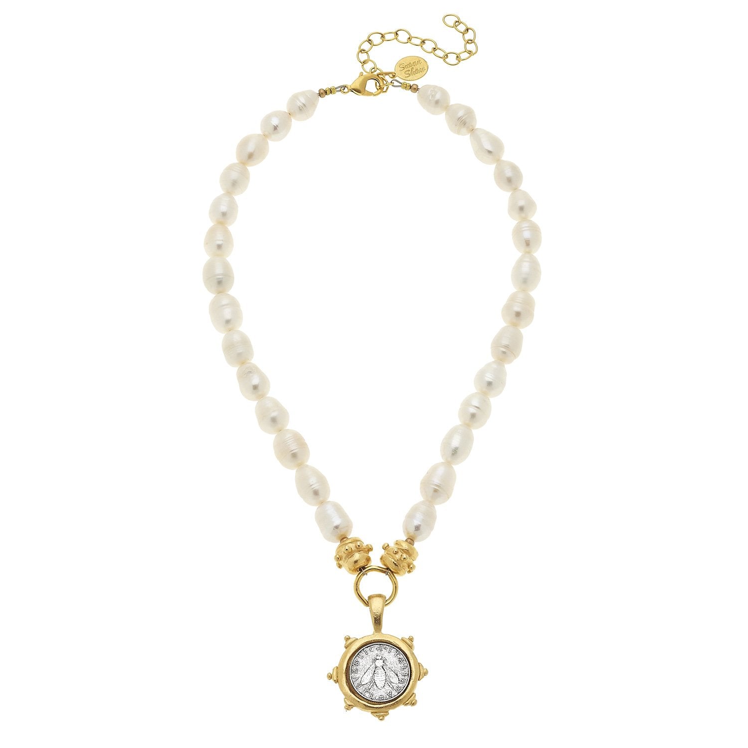 Susan Shaw Pearl Necklace w/ Mixed Metal Bee Lira
