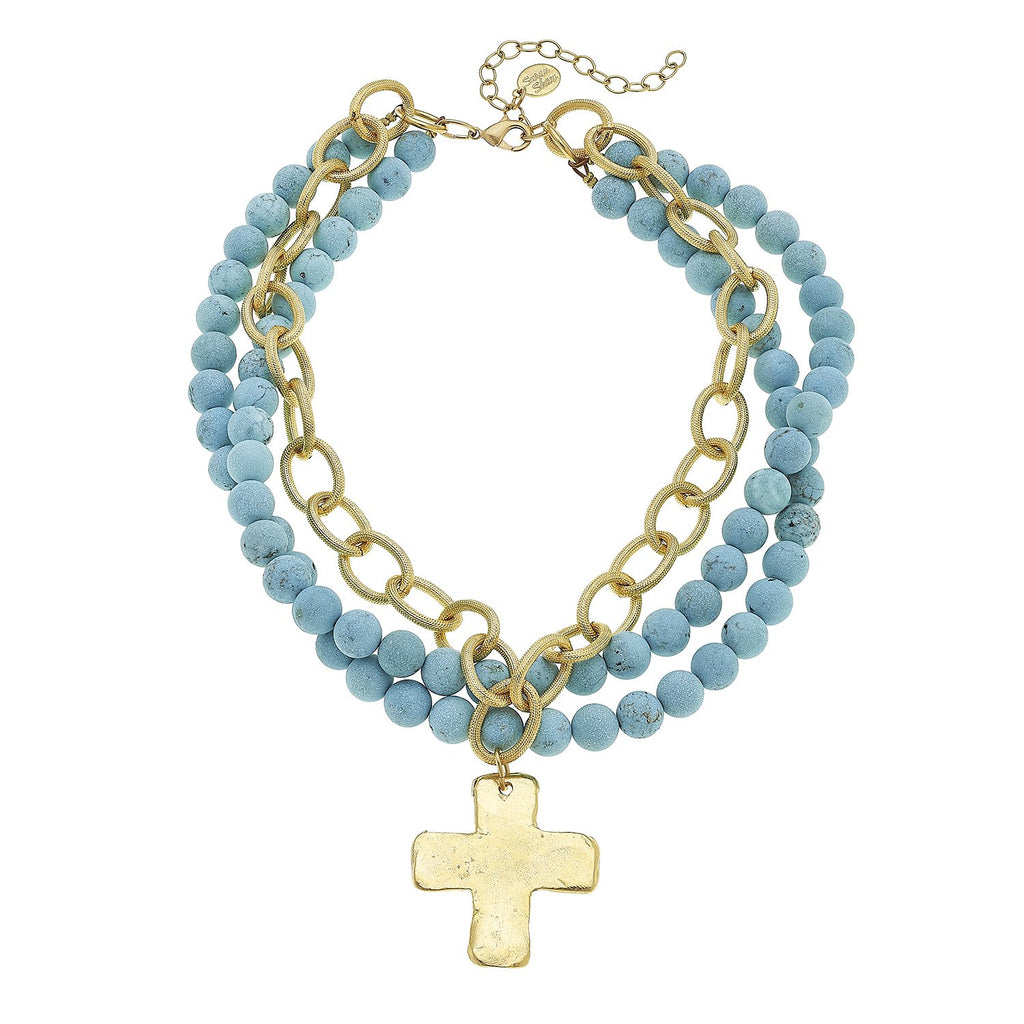 Susan Shaw Matte Turquoise Multi-Strand Cross Necklace