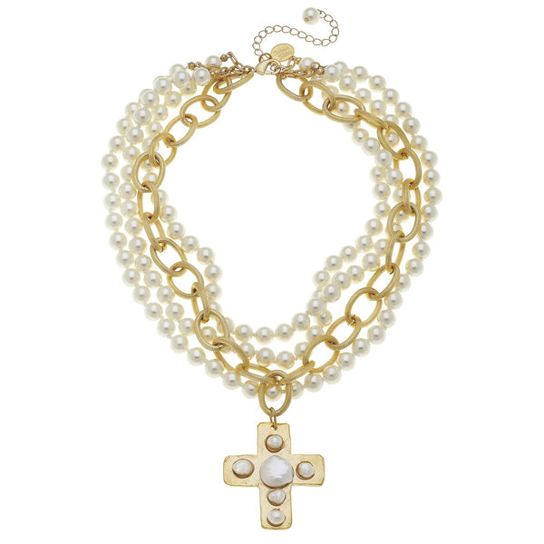 Susan Shaw Pearl Cross on Multi Strand Ivory Pearl Necklace