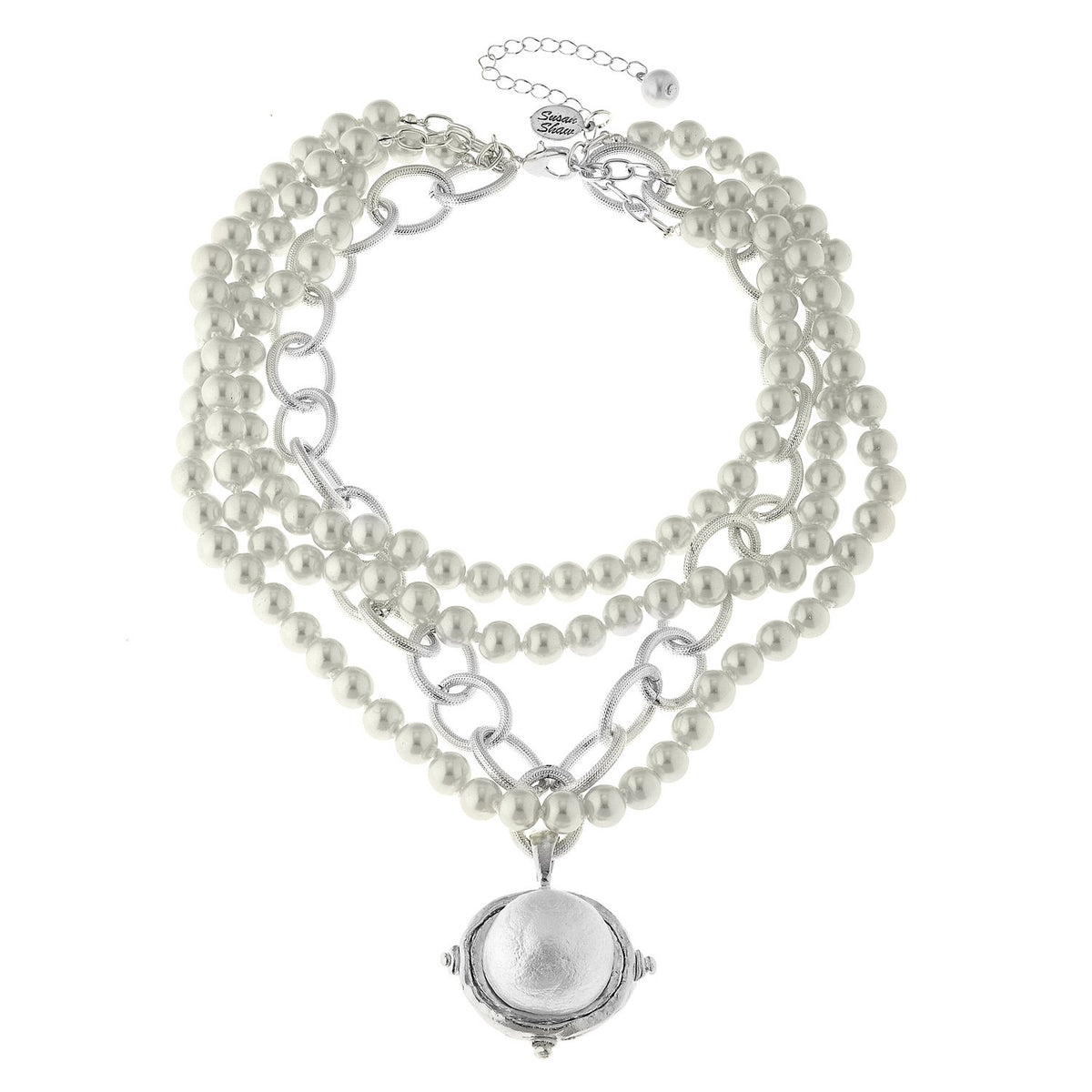 Pearl Mix Malti Chain Necklace (Silver) Susan Shaw Multi Strand Pearl Necklace w/ Pearl Cab