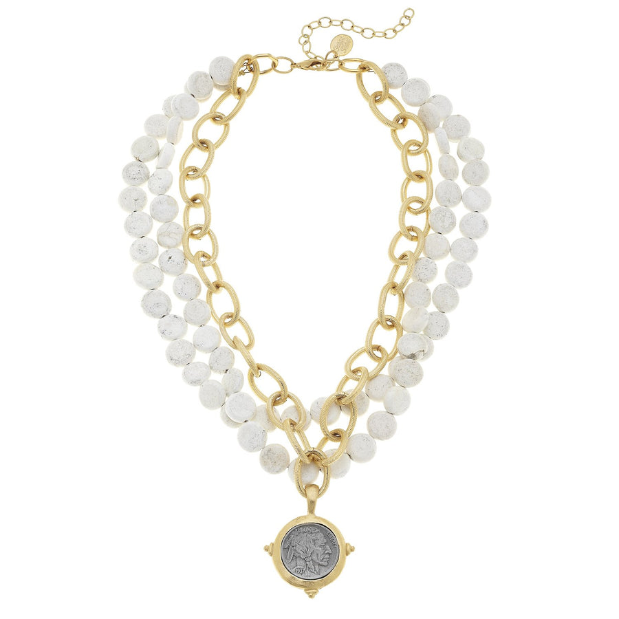 American Indian Head Multi-Strand White Turquoise Necklace