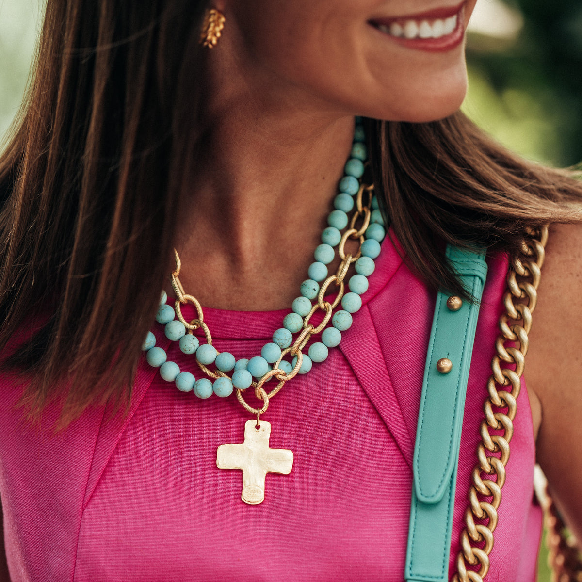 Susan Shaw Matte Turquoise Multi Strand Cross Necklace