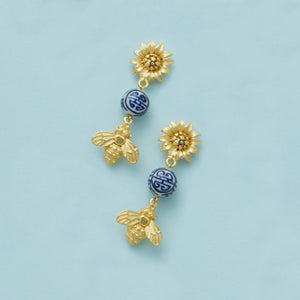 Blue & White Sunflower Bee Earrings