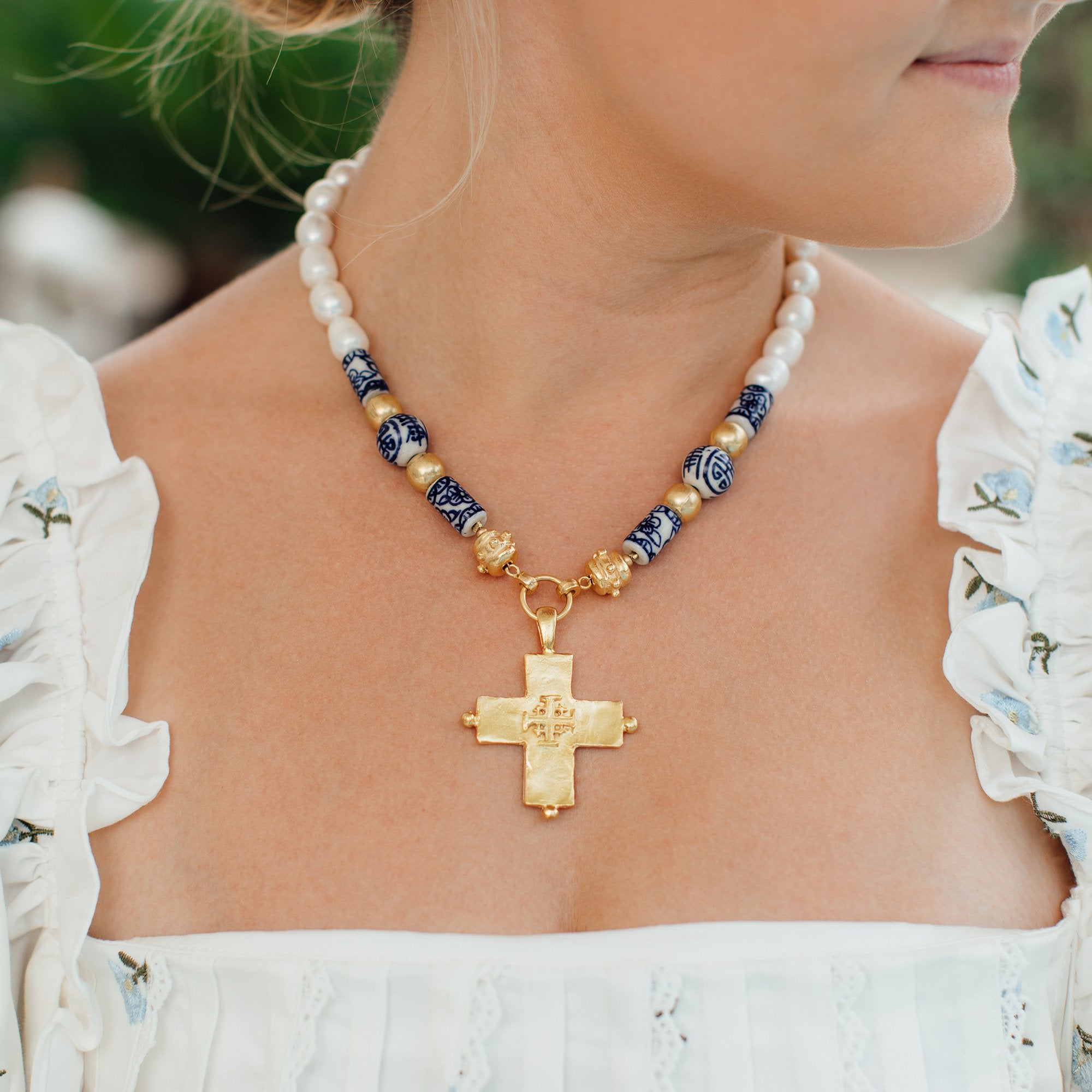 Blue & White Jerusalem Cross Necklace