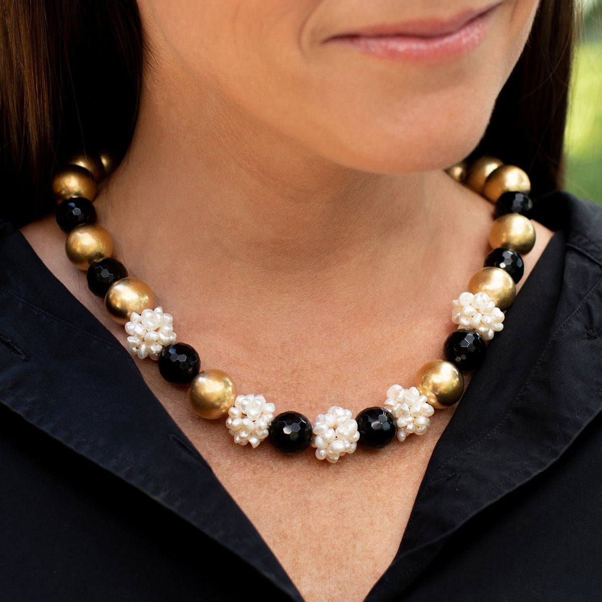 Onyx & Pearl Cluster Margaret Necklace